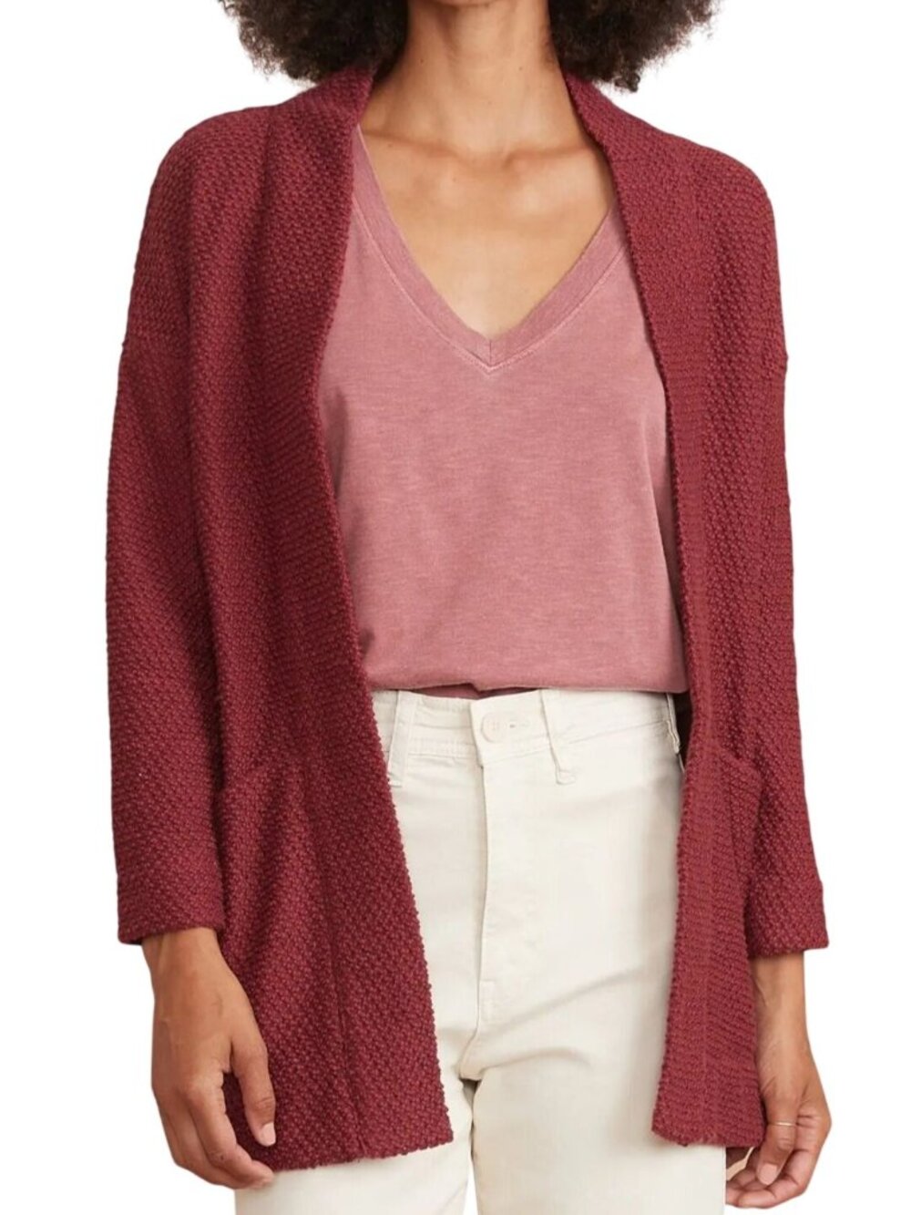 Marine Layer BirdsEye Open Front Cardigan Rhododendron Burgundy Pockets Size S